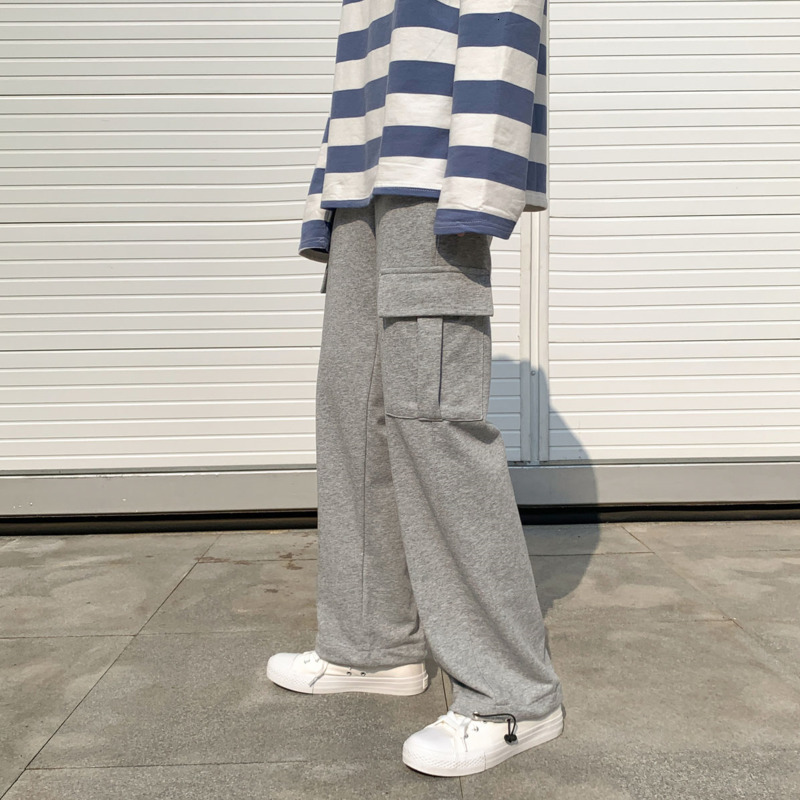 

2021 New Autumn Sweatpants Men's Fashion Solid Color Multi-pocket Men Streetwear Hip-hop Straight Wide-leg Pants Mens M-2xl 2ctb, Black