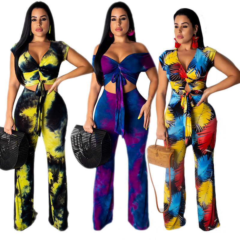 

2021 New Sexy Off Shoulder V-neck Up Waist Wide Leg Tie Dye Print Rompers 2 Pieces Pants Bodycon Casual Club Suits 72gi, Purple