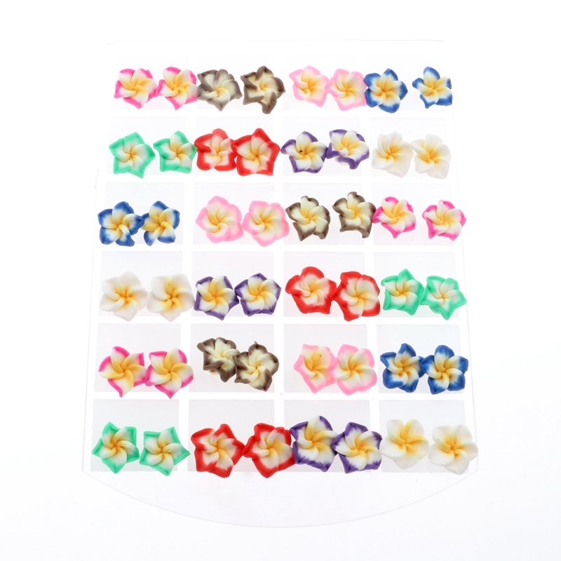 

DOUVEI 24 Pairs Promociones Whole 24 pair Multi-Color Hawaiian Frangipani Children Flower Stud Earrings For Party