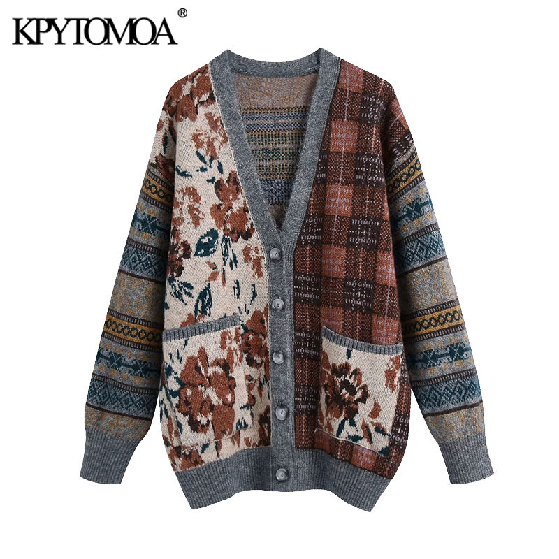 

kpytomoa women 2021 fashion loose jacquard knitted cardigan sweater vintage long sleeve pockets female outerwear chic, Black
