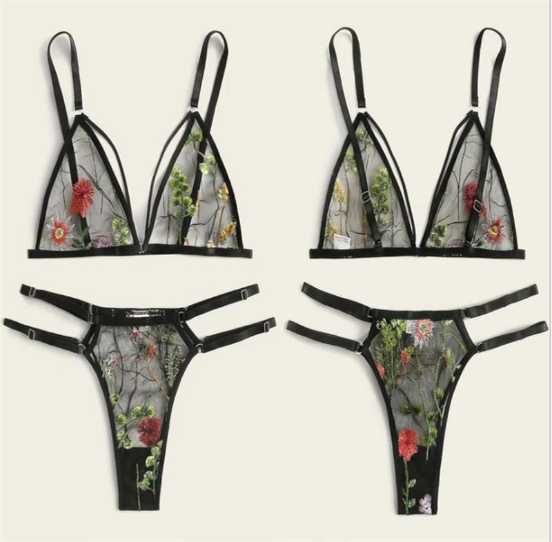 

Floral Printed Womens Sexy Set Lace Hollow Out Underwear Womens Designer Deep V Neck Lingeries Set, Black;white