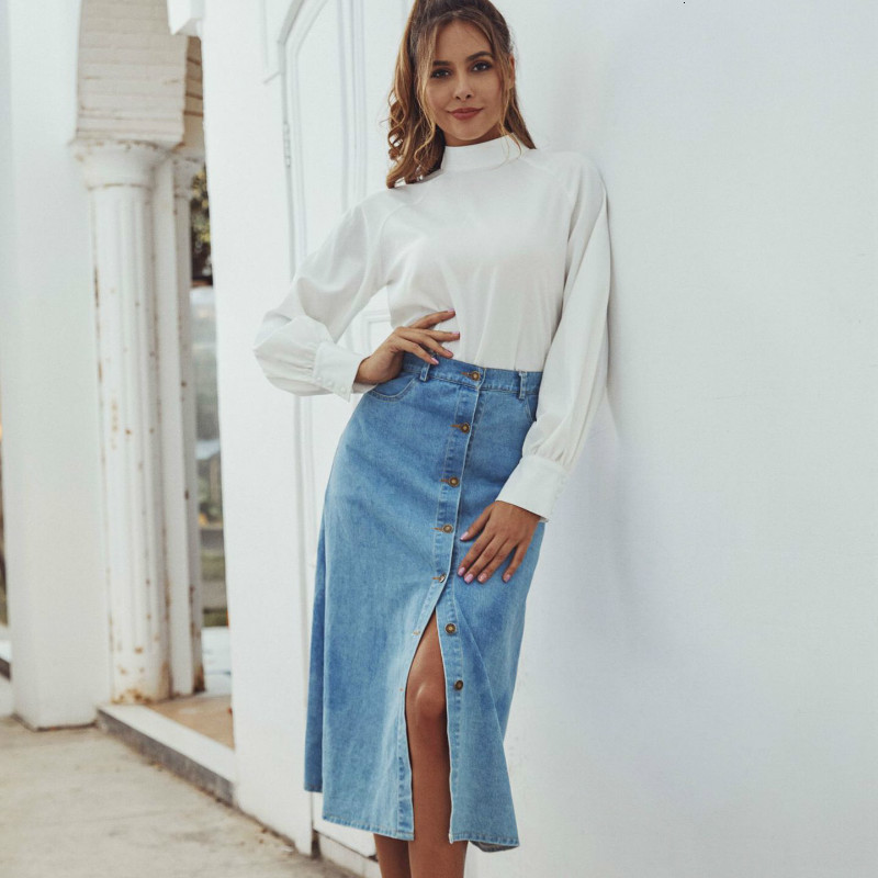 

2021 New Denim Jeans Women Autumn Winter Long Skirts High Wiast Split Sexy Womens Sun Clothes Vintage Skirt Button Vl8e, Blue