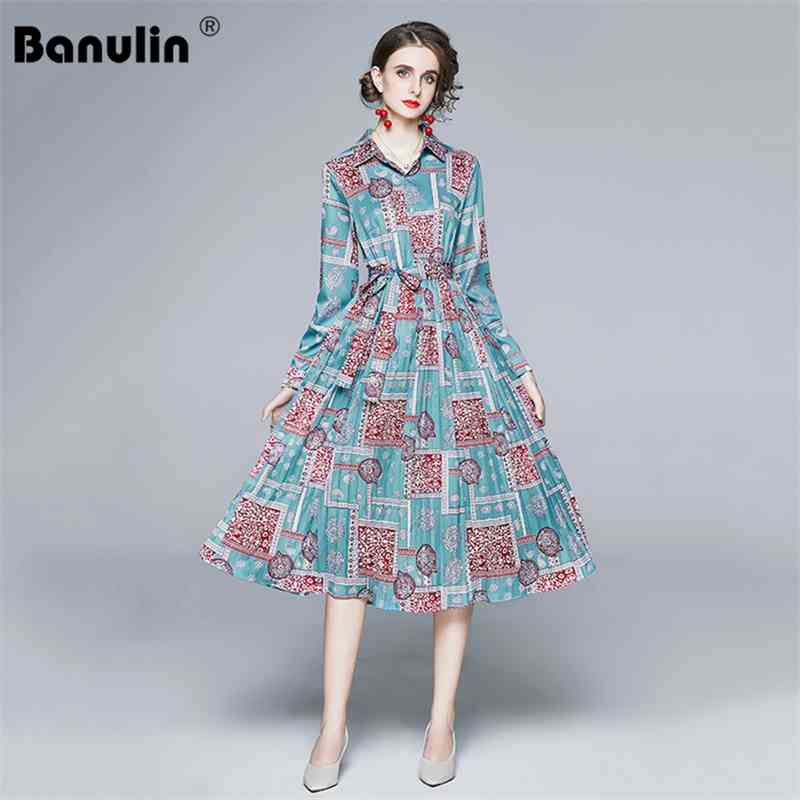 

Banulin HIGH QUALITY est Runway Autumn Dresses Women Long Sleeve Vintage Floral Print Bow Slashes Elegant Pleated Dress 210603, Blue