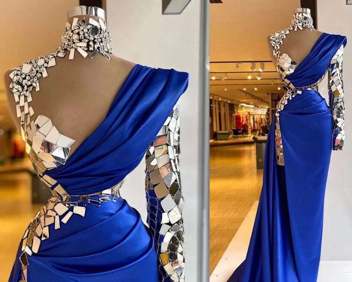 

NEW!!! Arabic Aso Ebi Luxurious Beaded Crystals Prom Dresses Royal Blue High Neck Evening Dress Sheath One Shoulder Split Mermaid Formal Par, Black