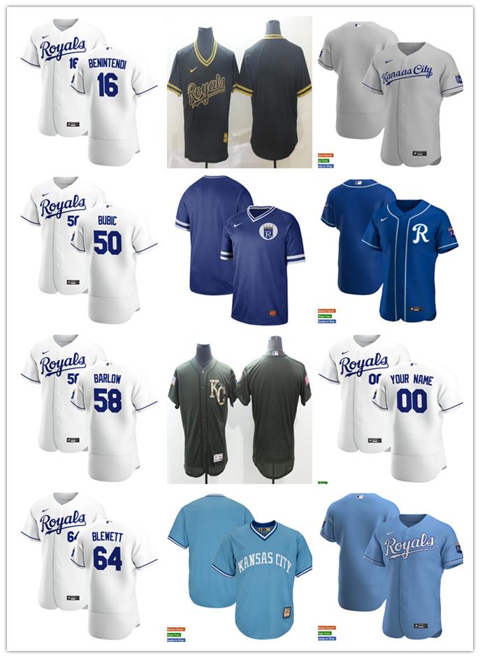 

Men Women Youth Kansas City Royals 58 Scott Barlow 64 Scott Blewett 16 Andrew Benintendi 50 Kris Bubic Custom Baseball Jerse, Blue;black