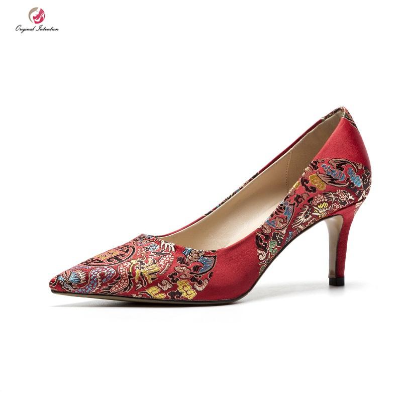 

Original Intention Women Wedding Pumps Shallow Pointed Toe Thin High Heels Red Silk Embroidered Pumps Shoes Woman Gorgeous, Oi1393 red