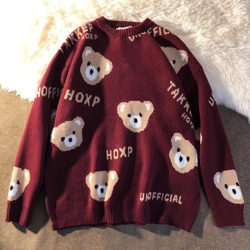 

Women's Sweaters Year's Cute Bear Wine Red Sweater Spring Couple Outfit Loose Wild Pullover For Men And Women 2021 Net, Black