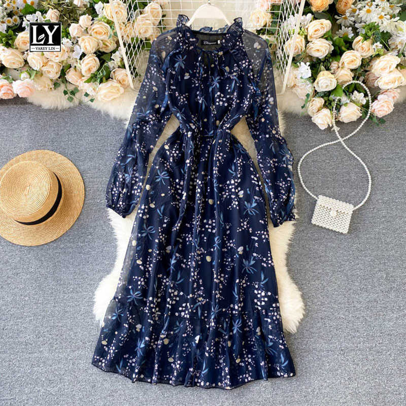 

LY VAREY LIN Autumn Women Print Dresses Elegant Puff Sleeve Ruffles Hem Lace Up O Neck High Waist Blue Ladies 210526