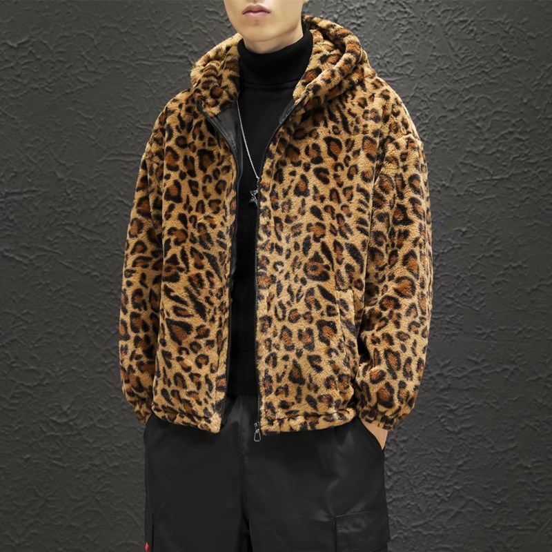 

2021 New Winter Trend of Male Fashion Leopard Coats Impression Cotton-padded Clothes Parkas Keep Warm Snow Jackets with Hood Trench Outerwea, Brown