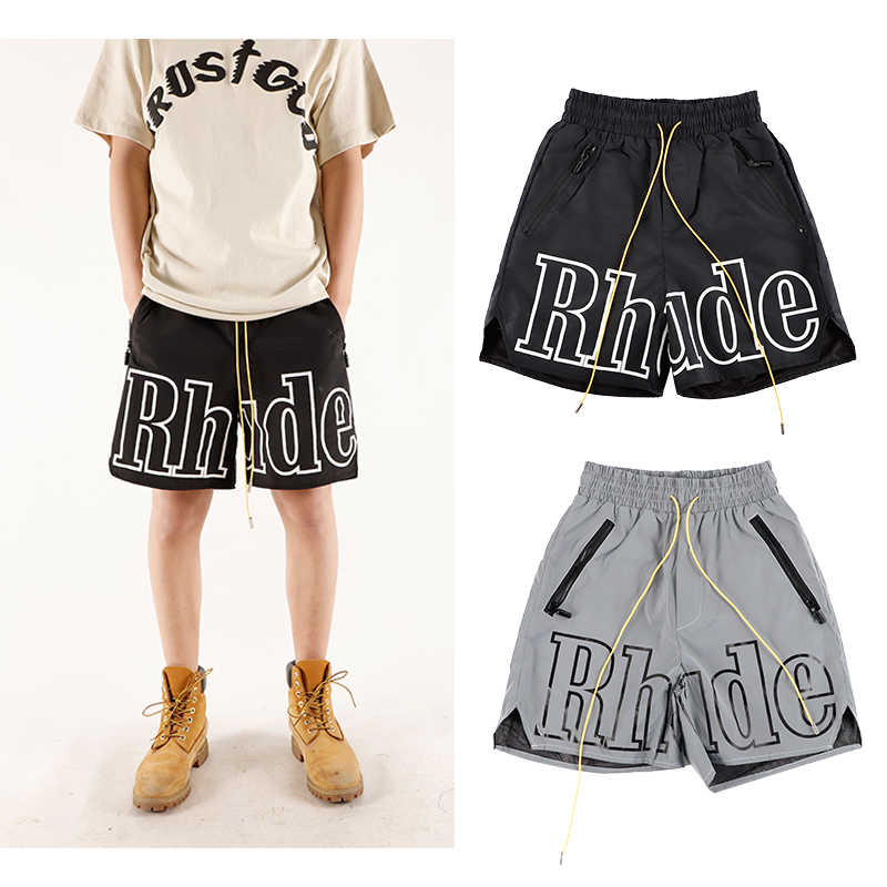 

Rhude Sports Shorts Men's Loose Letter Reflective Capris in Hip Hop Casual Couple Pants Women's Fashion Brand, Black