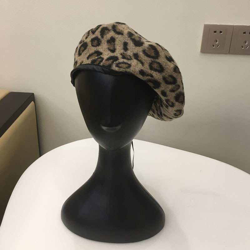 

2021 New Fashion Lady Leopard Print Warm Plain Beanie Cap Pu Brim Woolen Blend Beret French Style Painter Hat Ehoh, Coffee