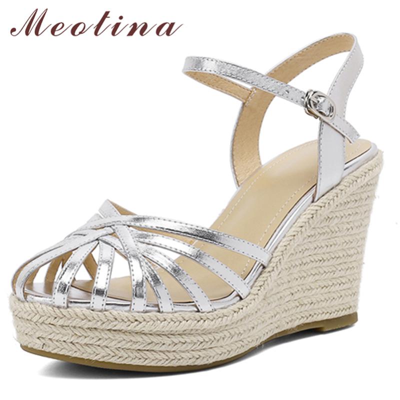 

Dress Shoes Meotina Women Genuine Leather Sandals Wedges Super High Heel Espadrille Round Toe Ladies Footwear Summer Sliver, Black
