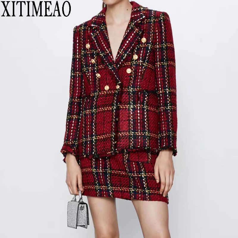 

ZA Women Fashion Double Breasted Tweed Check Blazers Coat Vintage Female Outerwear And High Waist Skirt 2-piece Set 210602