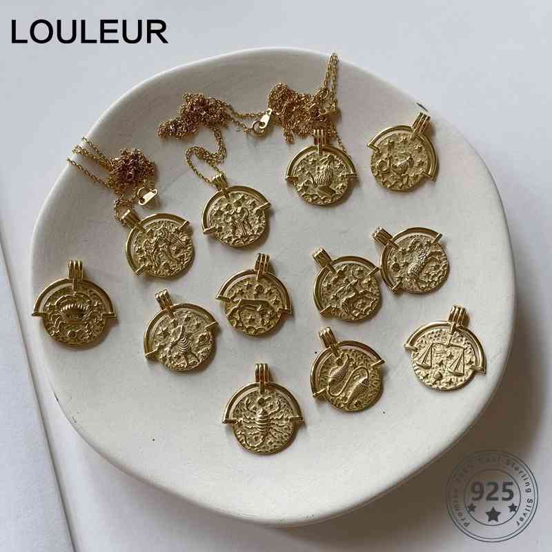 

Louleur 925 Sterling Twelve Constellation Pendant Emboss Zodiac Necklace for Women Silver 925 Jewelry Gold