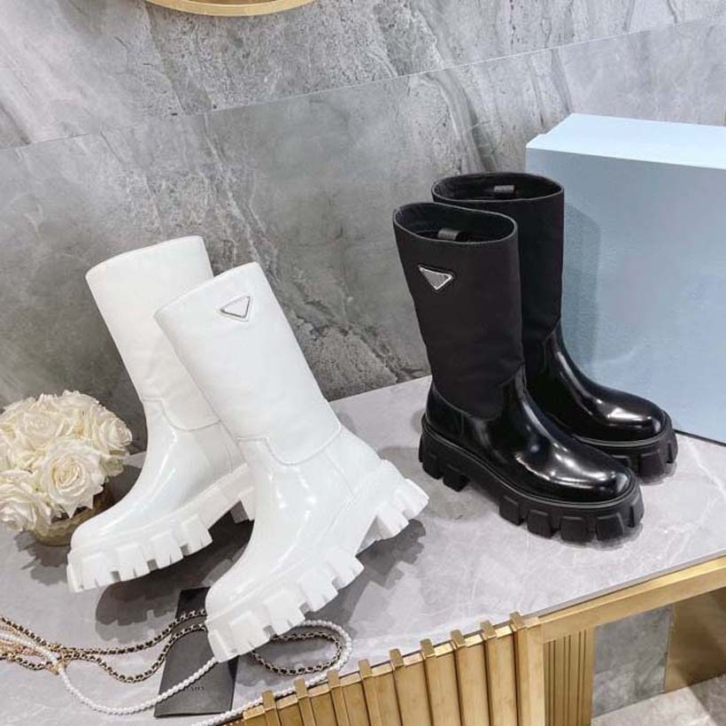 

Designer Boots Women Heel Ankle Boot Martin Chaelsea Booties Leather And Nylon Fabric Lacing Two Materials Triangular Logo Tyre Raised Soles Fashion Shoes With Box, #18