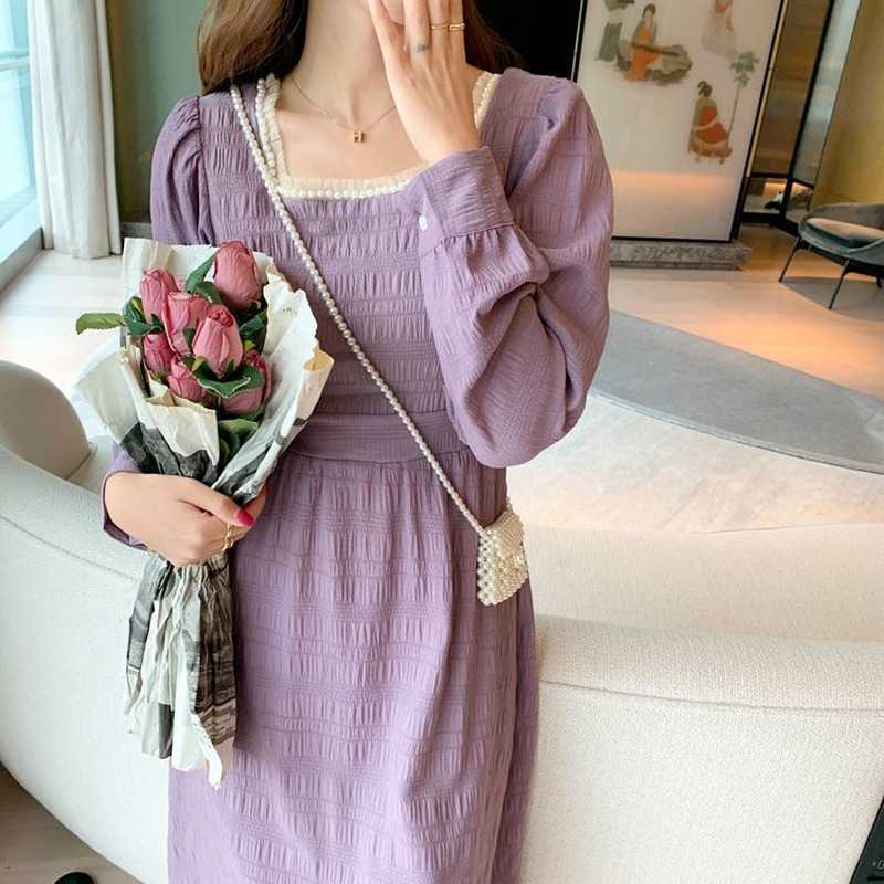 

Retro Dres Solid Square Collar Puff Sleeve Korean Fashion Clothing High Waist Female Vintage Fall Clothes 210604, Purple