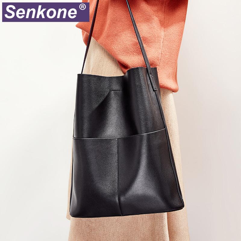 

Genuine Leather Women Bag Handbag Large Capacity Tote Bag Ladies Shoulder Bags Shopping High Quality Bucket Female Handbag, Black