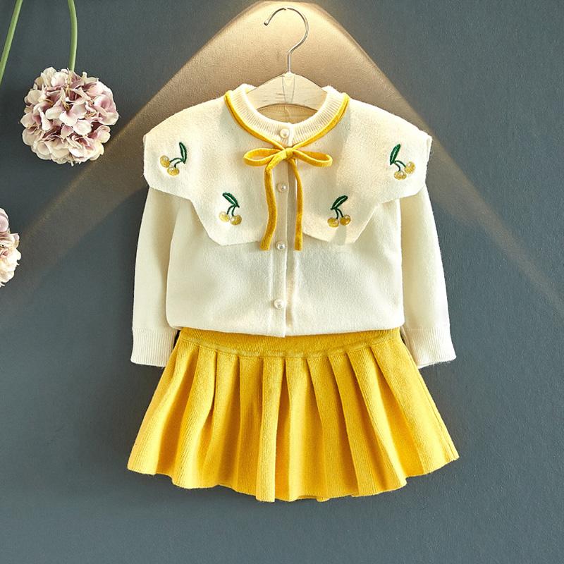 

LZH Children Clothing 2021 Autumn Winter Kids Clothes Cherry Cashmere Knitting Sweater long-sleeved Suit Baby Girls Clothes Set, Yellow