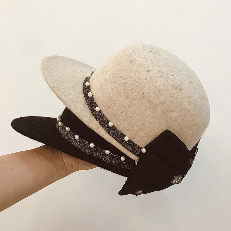 

2021 New Fahsion Black Beige Wool Hats for Women Pearl Band Big Bowknot Winter Cute Lady Girl Outdoor Snapback Baseball Cap 24f1