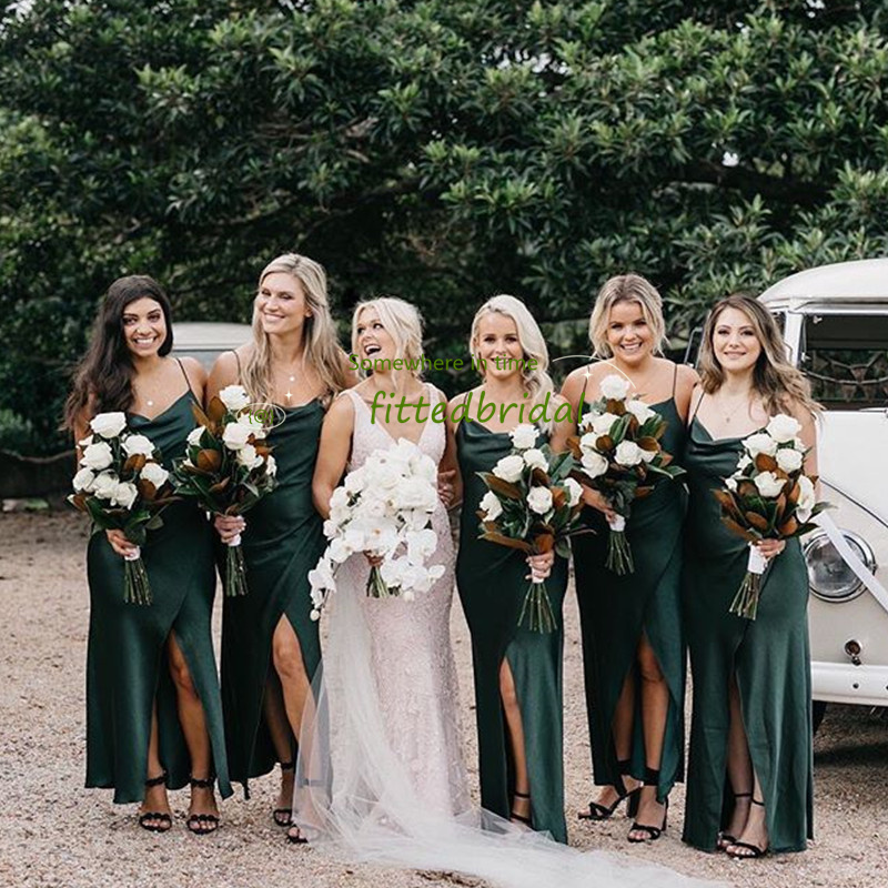 

Classic green Front Side Split Mermaid Bridesmaid Dress Long Spaghetti Neck Covered Zipper Back Maid of Honor Gowns