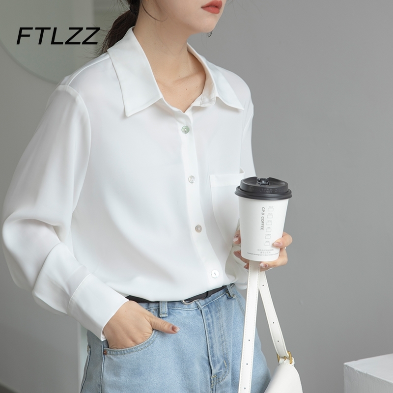 

Elegant Women Shell Button Up Blouse Fashion Spring Autumn Lapel White Shirts Ladies Long Sleeve Korean Casual Office Tops 210602, Blue grey