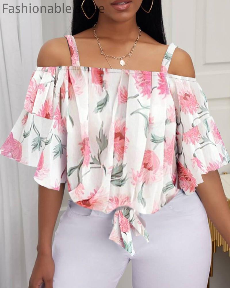 

Women's Blouses & Shirts Women Summer Print Off Shoulder Bell Sleeve Front Lace-up Top, White
