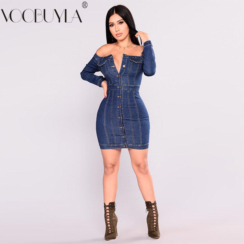 

Casual Dresses Sexy Slash Neck Female Denim Dress Spring For Women Elegant Tight Elasticity And Sarafans Pencil Woman's Jeans, Blue