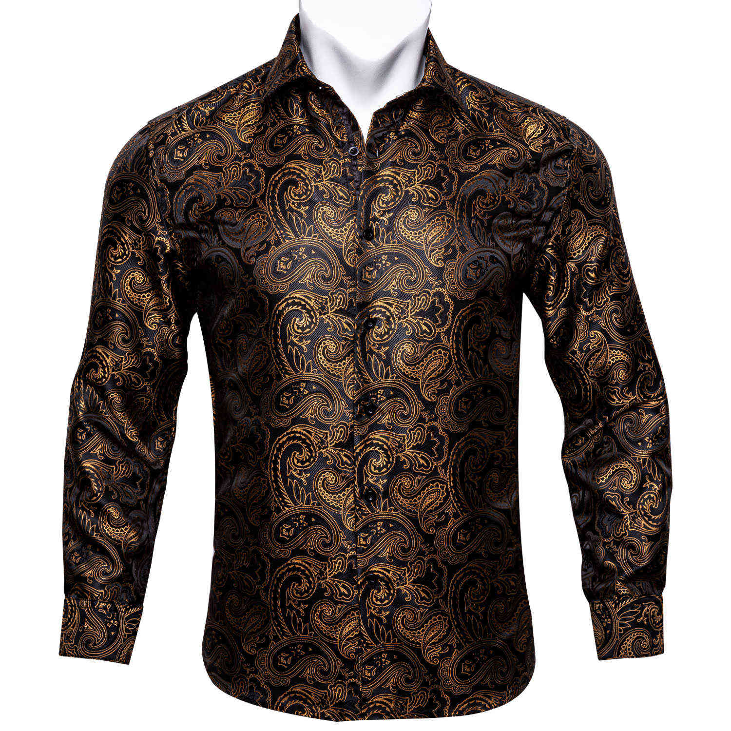 

Barry.Wang Gold Paisley Bright Silk Shirts Men Autumn Long Sleeve Casual Flower Shirts For Men Designer Fit Dress Shirts BCY-07 210708, Cy-0101