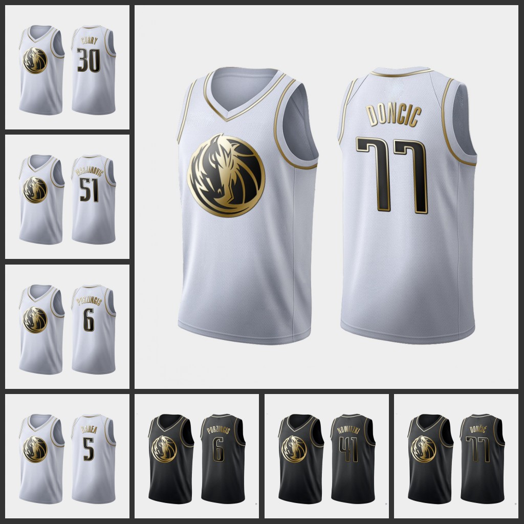

Dallas's Mavericks's Men Luka Doncic Kristaps Porzingis Dirk Nowitzki J. J. Barea Boban Marjanovic Custom Golden Edition Jersey