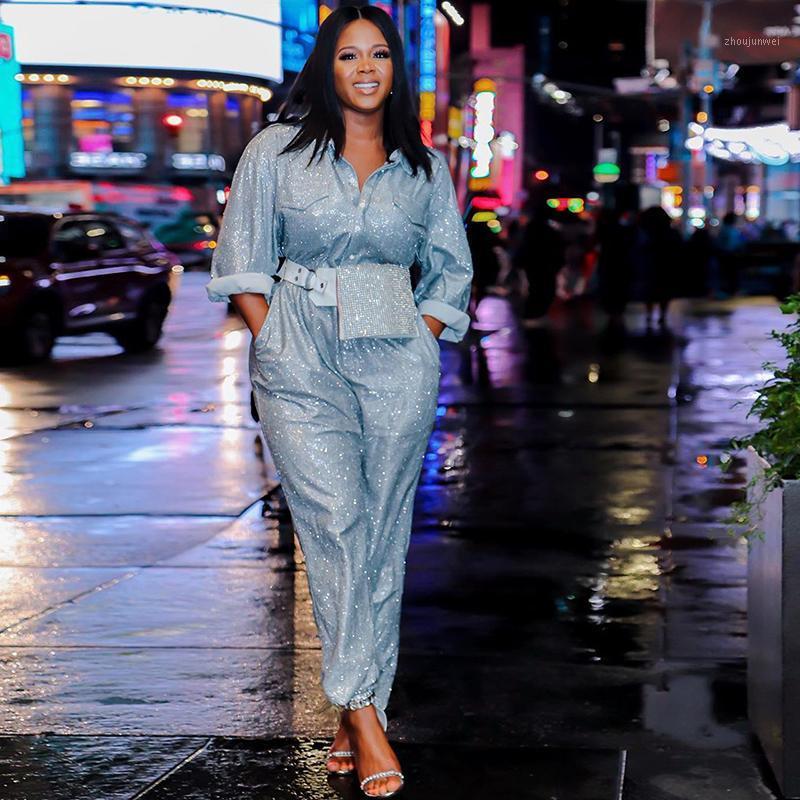 

Women' Jumpsuits & Rompers Long Sleeve Cargo Jumpsuit Women Jogger Pants Shiny Sequin Romper Turtleneck Single Breasted Button Streetwear, Blue