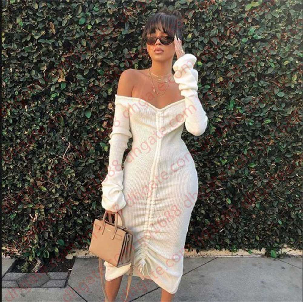 

Imcute Front Drawstring Sexy Bandage Women Maxi Dress Slash Neck Long Flare Sleeve Club Party Autumn Winter Off Shoulder Dress, Black;gray