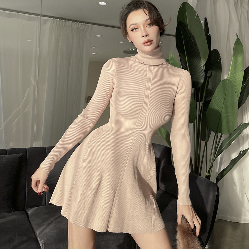 

New 2021 Spring Fashionable Turtleneck All-match Sexy Es Slim Long Sleeve A-line Collect Waist Knitted Sweater for Women Zgzt, Skin
