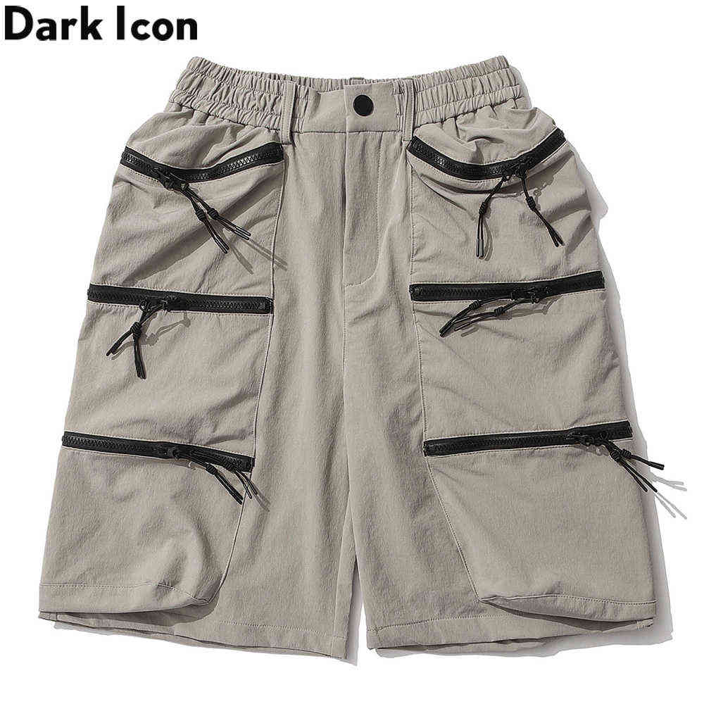 

Multiple Zipper Pockets Shorts Men Elastic Waist Button Straight Men's Shorts Grey Khaki 210603