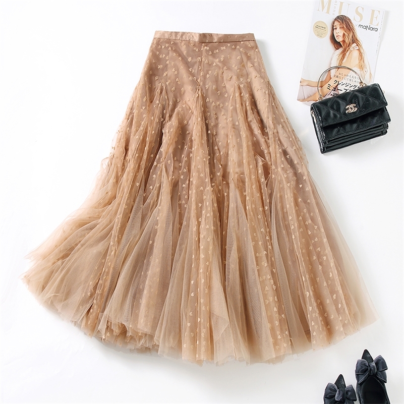 

Womens Flocking Sweetheart Tulle Skirts Fashion High Waist 360 Degrees Hem Mesh pleated Skirt Mid Long INS Autumn Jupe 210315, Black