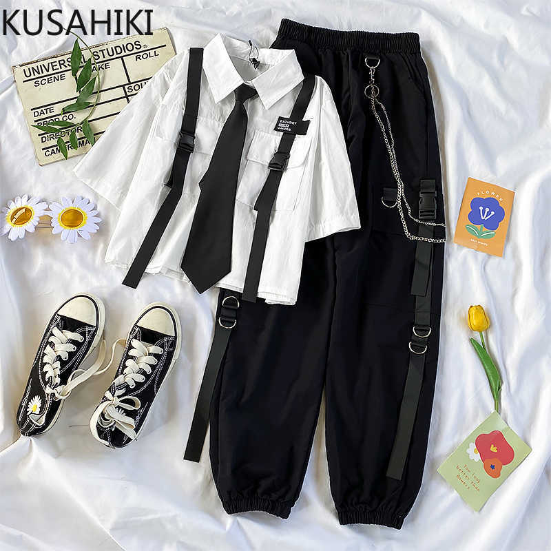 

KUSAHIKI Women Clothing Sets Summer Short Ribbon Causal Blouse Shirt + High Waist Harem Cargo Pants 2piece Suits 6F442 210602