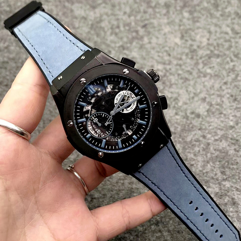 

5-2Men stopwatch wristwatch 40 mm quartz movement, date calendar all work dial leather strap watch men's outdoor sports business, Slivery;brown