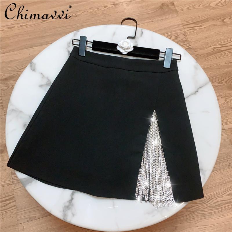 

Skirts Elegant Black Shorts Women 2021 Summer Flash Diamond Rhinestone Tasse Slim High Waist Skirt Sexy Lady