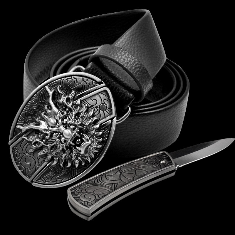 

Men039s Leather Personalized Smooth Buckle Defensive Belt Knife Fashion Punk Button, Black