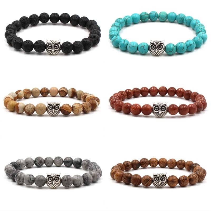 

Fashion Silver Owl Bracelet for Men Women 8mm Yoga Beads Handmade Beaded Bracelets Natural Stone Bangle Jewelry