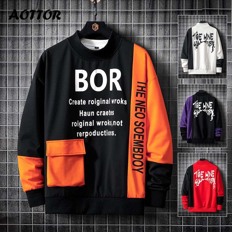 

2021 New Autumn Spring Black Patchwork Hoodies Men's Sweatshirts Hip Pop Punk Streetwear Male Casual Printed Pullover Big Pocket 3xl BVRG, Cbd183orange
