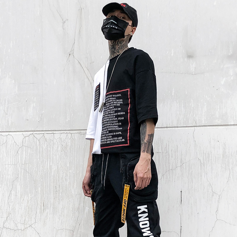 

2021 New Western Style Fashionable Length Irregularity Letter Printed Men' T-shirts Hip Hop Casual Male Tops Tees Streetwear Kvue, Black-white