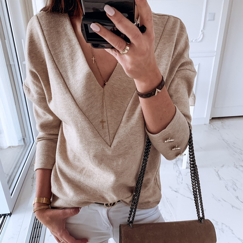 

2021 New Women Autumn Long Sleeve Casual T-shirt Winter Solid v Neck Basic White Tops Female Button t Shirt Tees I6lq, Khaki