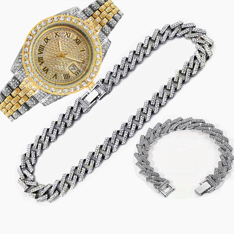 

Wristwatches 3pcs Luxury Iced Out Watch For Men Hip Hop Miami Bling Cuban Chain 15mm Necklace Watches Jewelry Set Gifts Religio Masculino, Red