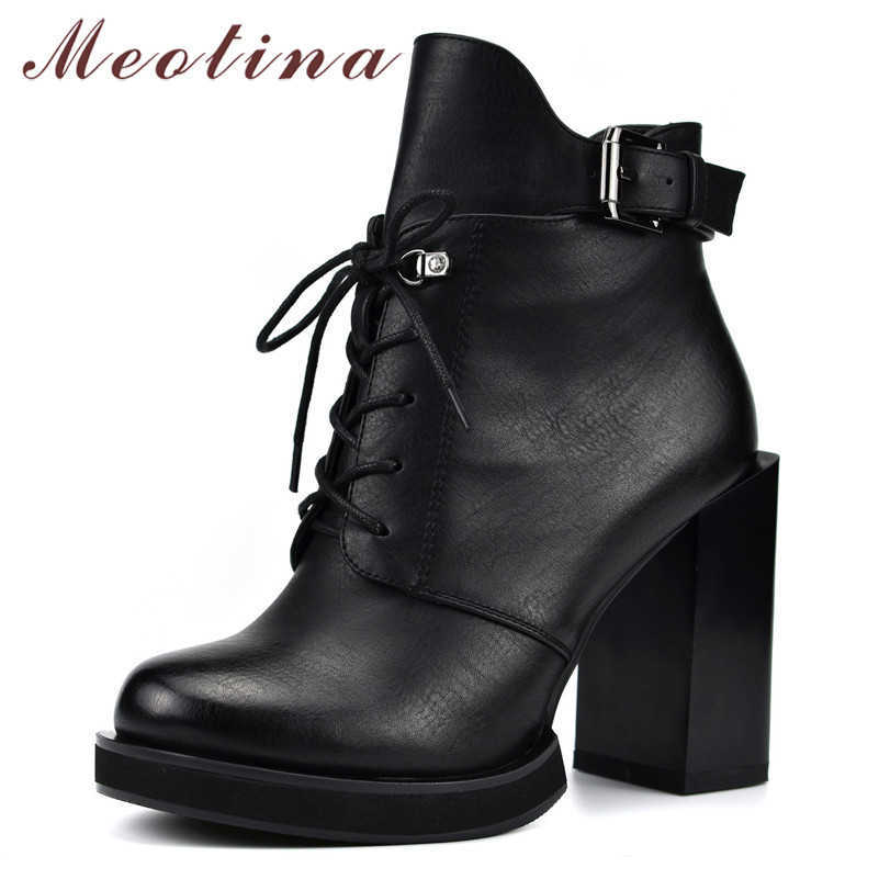 

Meotina Winter Ankle Boots Women Shoes Buckle Platform Thick Heel Short Boots Zip Extreme High Heel Shoes Ladies Fall Size 35-41 210608, Black