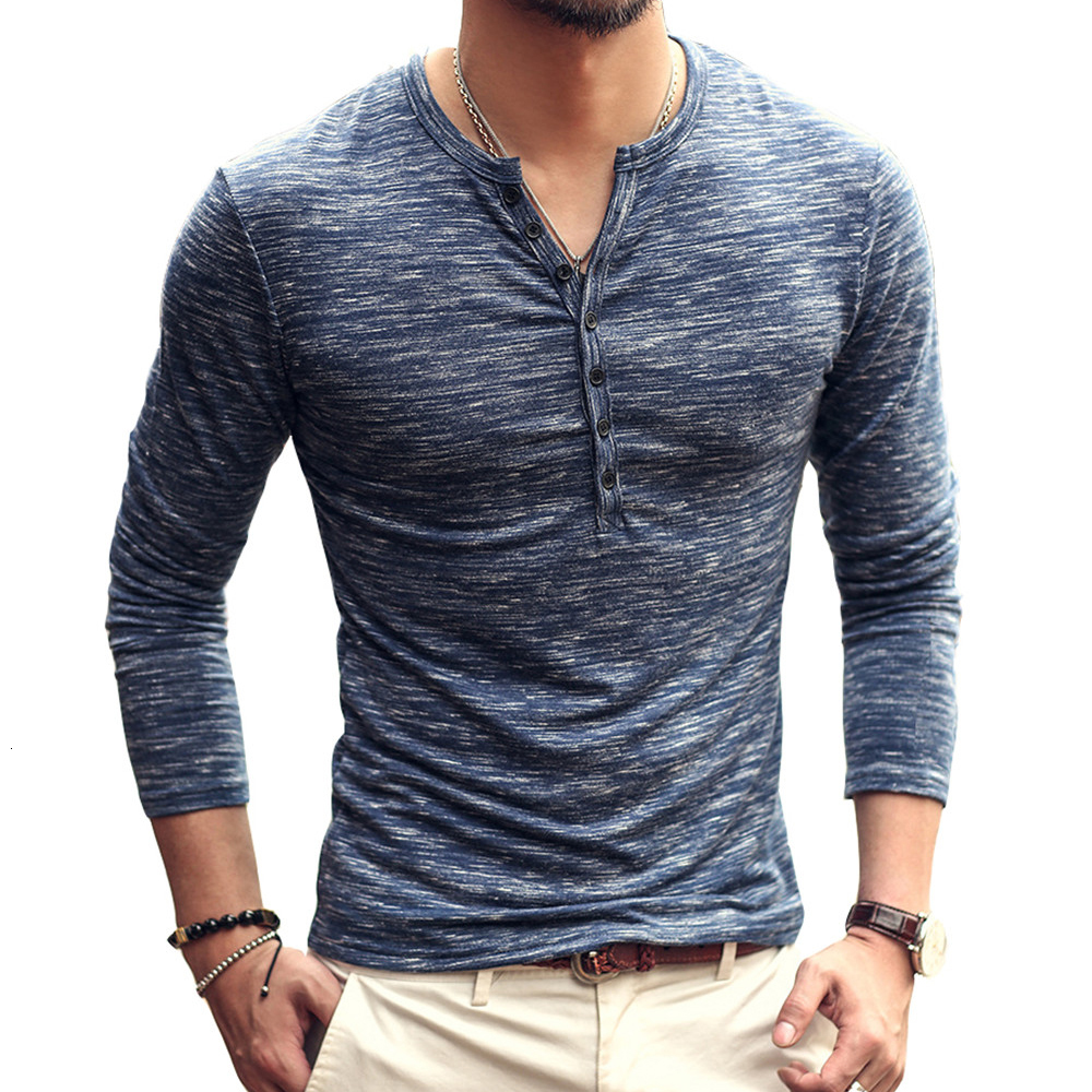 

2021 Tshirt of Casual Men Slim Fit Solid Color Decorate v Basic Long Tops Camisa Henley Placket Standard Bamboo Button Outwear Populars 8uh, Haji