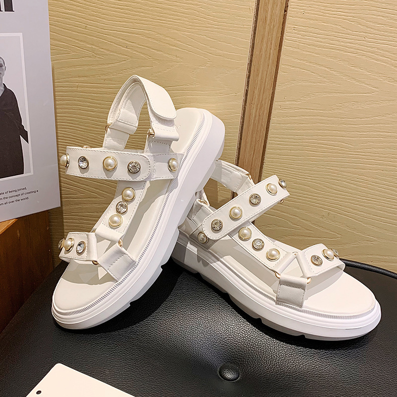 

sandals flat shoes women's summer footwear fashion pearl designer female beach platform woman heels a5sy, Black