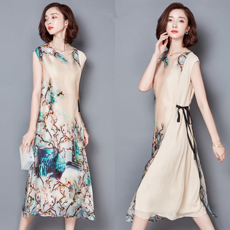 

2021 New Vintage Chinese Chiffon Robe Female Printing Elegant Women Summer Vestidos Mujer Loose Es Big Sizes Fyy515 Ifad, Beige