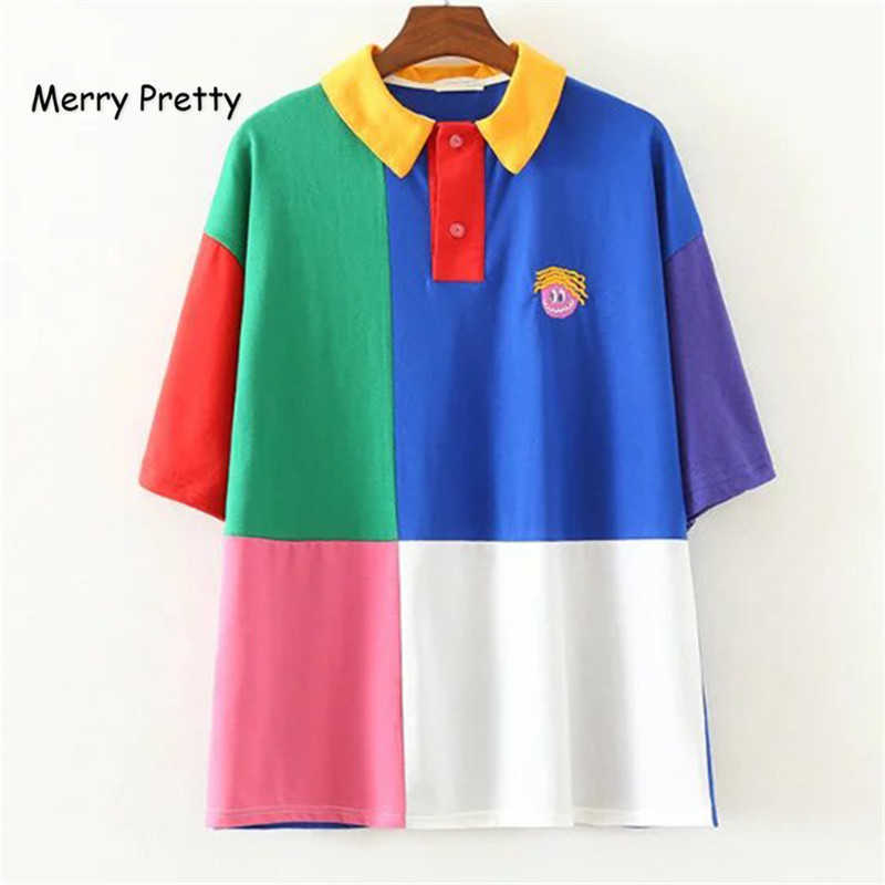 

Merry Pretty Cotton T-shirts Brand Design Casual Summer Women Turn Down Collar Tshirt Patchwork Contrast Color Embroidery Tops 210526, Multi
