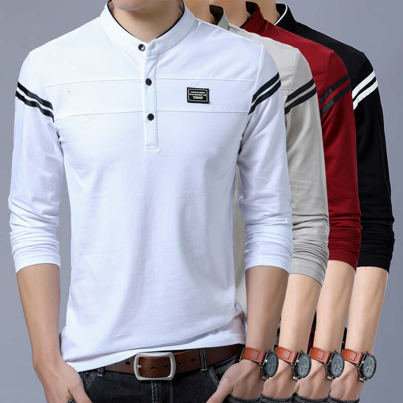 

2021 Marshall Autumn New Men Solid Color t Casual Long Sleeve Slim Men's White Tshirt Tops Stand Collar Tees Shirt Homme Cuwn