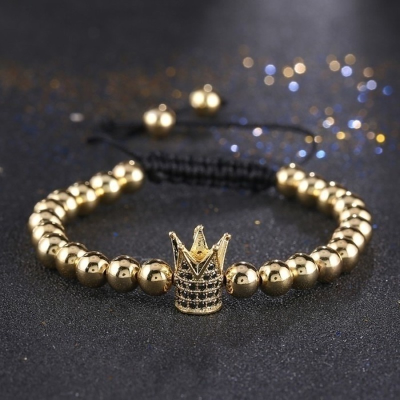 

Fashion Mens Gold Color Imperial Micro Pave Crystal Crown Charm Bracelet Anil Arjandas Braiding Weave Bead Macrame Bracelet, Black